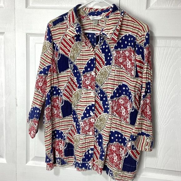 CJ Banks Colorful Patterned Blouse Crinkled Button Front Collar 1X Mid Sleeve - Picture 8 of 14